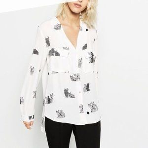 Zara Cat Blouse, Button Down, White, Semi-Sheer, S